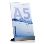 Werbeaufsteller DIN A5 aus PLEXIGLAS® mit Edelstahl-Basis