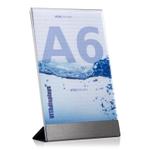 Werbeaufsteller DIN A6 aus PLEXIGLAS® mit Edelstahl-Basis