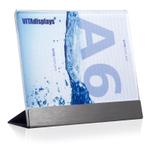 Werbeaufsteller DIN A6 Quer aus PLEXIGLAS® mit Edelstahl-Basis