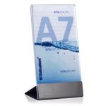 Werbeaufsteller DIN A7 aus PLEXIGLAS® mit Edelstahl-Basis