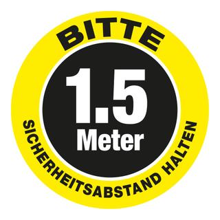 Bodenschild als Wartepunkt „Bitte 1.5 Meter Sicherheitsabstand halten“ (30 x 30 cm) gelb