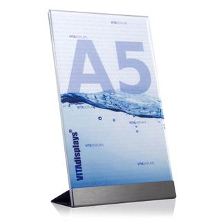 Werbeaufsteller DIN A5 aus PLEXIGLAS® mit Edelstahl-Basis