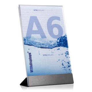 Werbeaufsteller DIN A6 aus PLEXIGLAS® mit Edelstahl-Basis