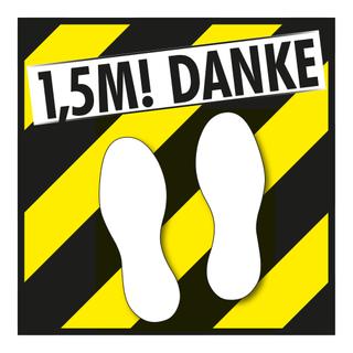 Bodenschild als Wartepunkt „1.5 Meter - Danke“ (30 x 30 cm) rutschfest (Vinyl) Weiß/Gelb/Schwarz