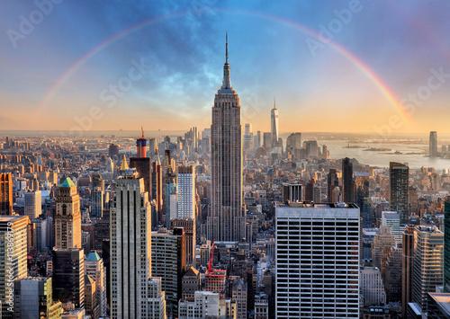 New York City skyline with urban skyscrapers and rainbow