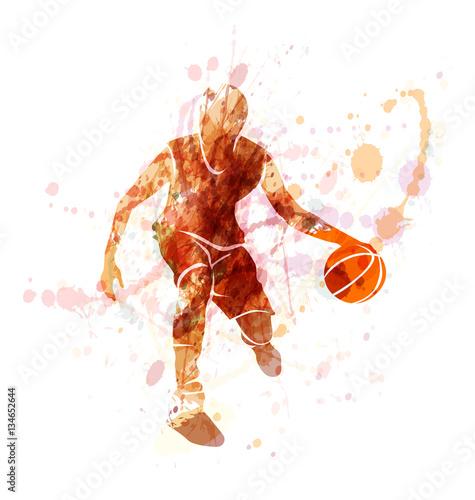 Colored silhouette of basketball player with ball