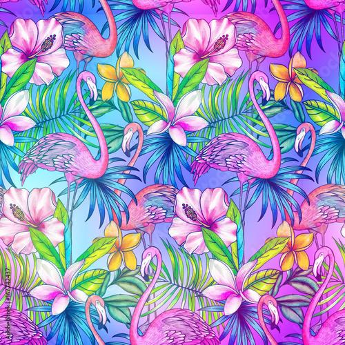 seamless pattern with tropical florals and flamingo