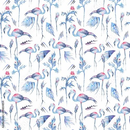 seamless pattern with tropical florals and flamingo