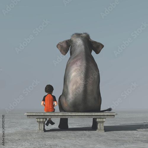 Little boy and an elephant sits on a bench