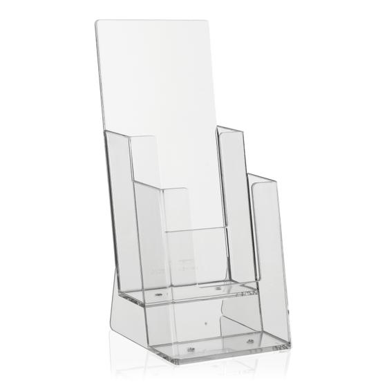 DIN long, DL brochure stand as a stable flyer holder with 2 shelves