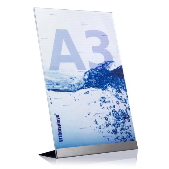 Advertising display DIN A3 made of PLEXIGLAS® with stainless steel base