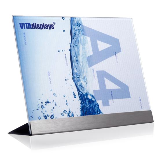 Advertising display DIN A4 landscape made of PLEXIGLAS® with stainless steel base