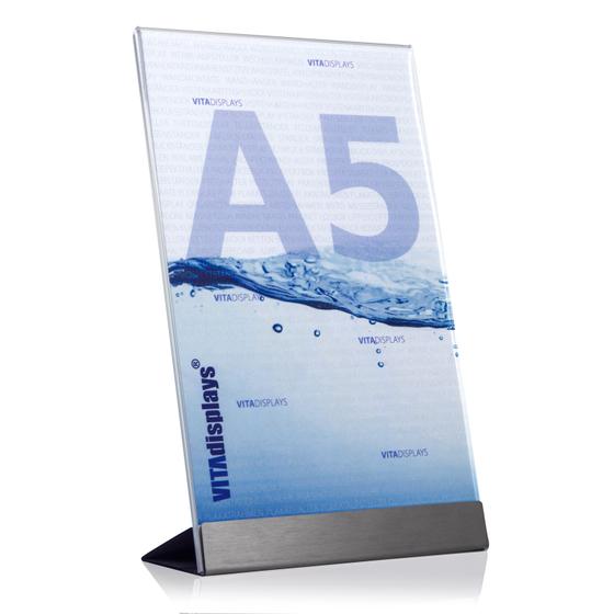 Advertising stand DIN A5 made of PLEXIGLAS® with stainless steel base