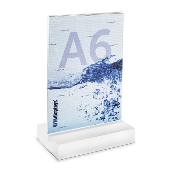 A6 tabletop display with acrylic block (satin finish) as a premium advertising display made of PLEXIGLAS®.