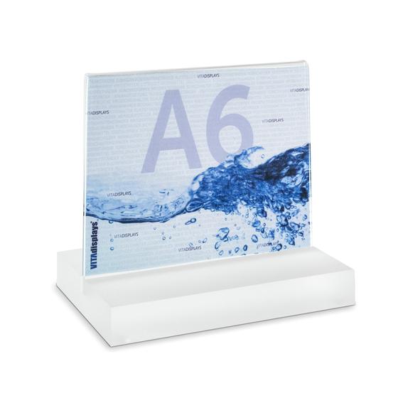 Tischaufsteller im A6 Querformat mit Acrylblock (satiniert) Premium Aufsteller aus PLEXIGLAS®