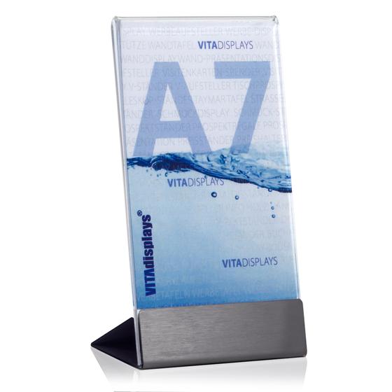 Advertising display DIN A7 made of PLEXIGLAS® with stainless steel base