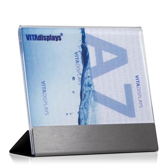 Advertising stand DIN A7 landscape made of PLEXIGLAS® with stainless steel base
