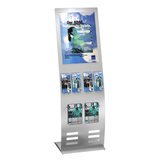 Sturdy steel brochure stand for DL + A5 with A2 top sign