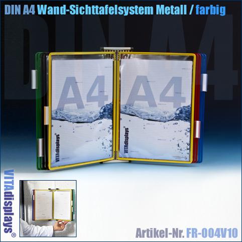Wand-Sichttafelsystem Metall mit 10 DIN A4 Sichttafeln farbig