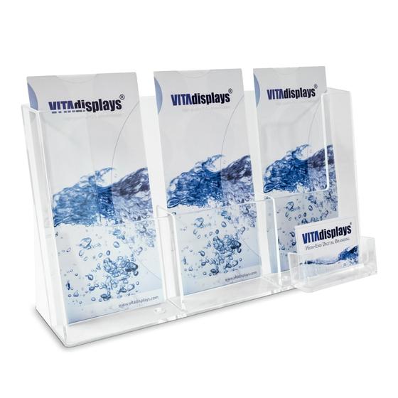 Table brochure holder DIN long DL with three trays and extra tray for business cards