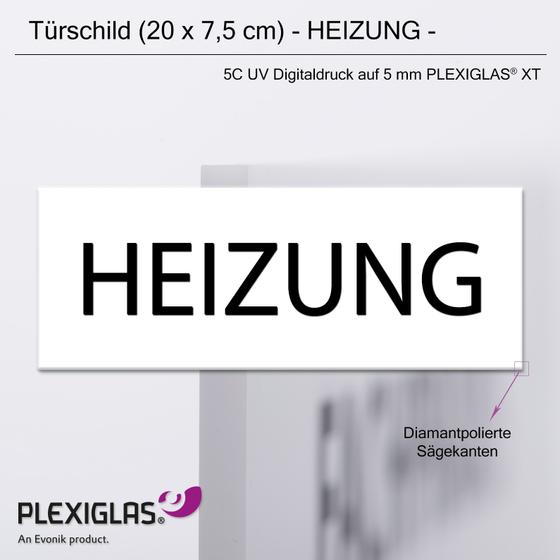 Türschild HEIZUNG (20 x 7,5 cm) aus 5 mm PLEXIGLAS® (weiss)