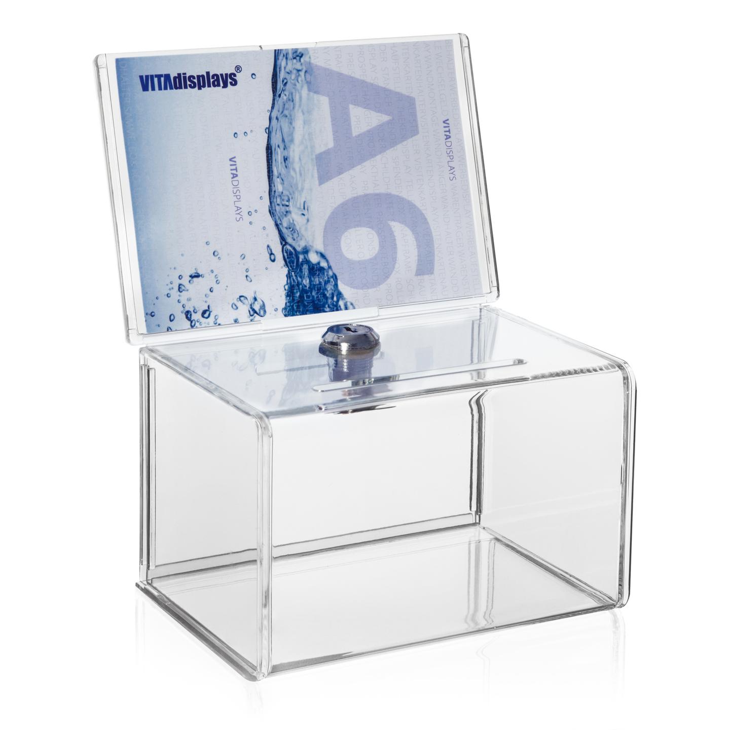 Aktionsbox sudu® Losbox Spendenbox blau 20x20x20cm mit Topschild PLEXIGLAS® 