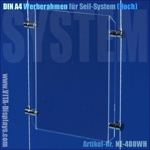 DIN A4 Werberahmen im Hochformat aus PLEXIGLAS für das VITAdisplays Schaufenster-Seilsystem