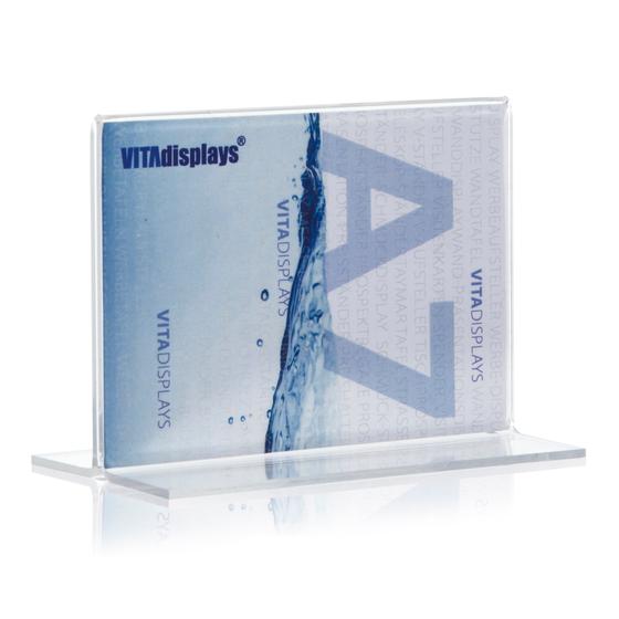 DIN A7 Werbeaufsteller im Querformat als beidseitiger T-Ständer aus glasklarem PLEXIGLAS für Tischnummern