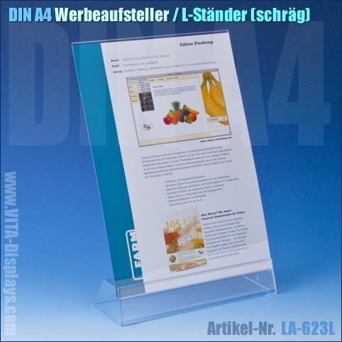 DIN A4 Werbeaufsteller / geneigter L-Ständer mit transparentem Standfuß und Oberteil (Taymar L210)