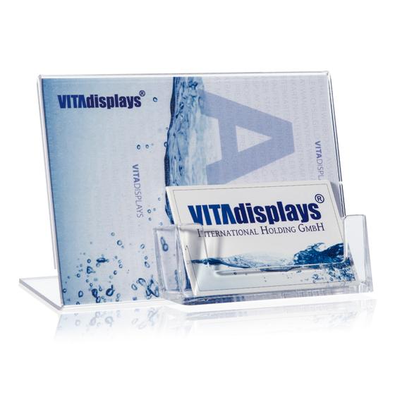 DIN A6 L-Ständer im Querformat aus PLEXIGLAS mit Visitenkartenhalter - schräger Werbeaufsteller