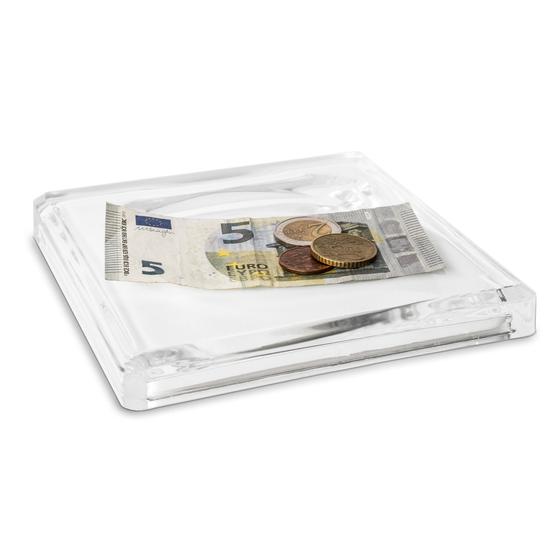 Zahlteller TOPAZ aus Glas, quadratische Zahlschale mit konkaver Wölbung und Werbe-Einschub